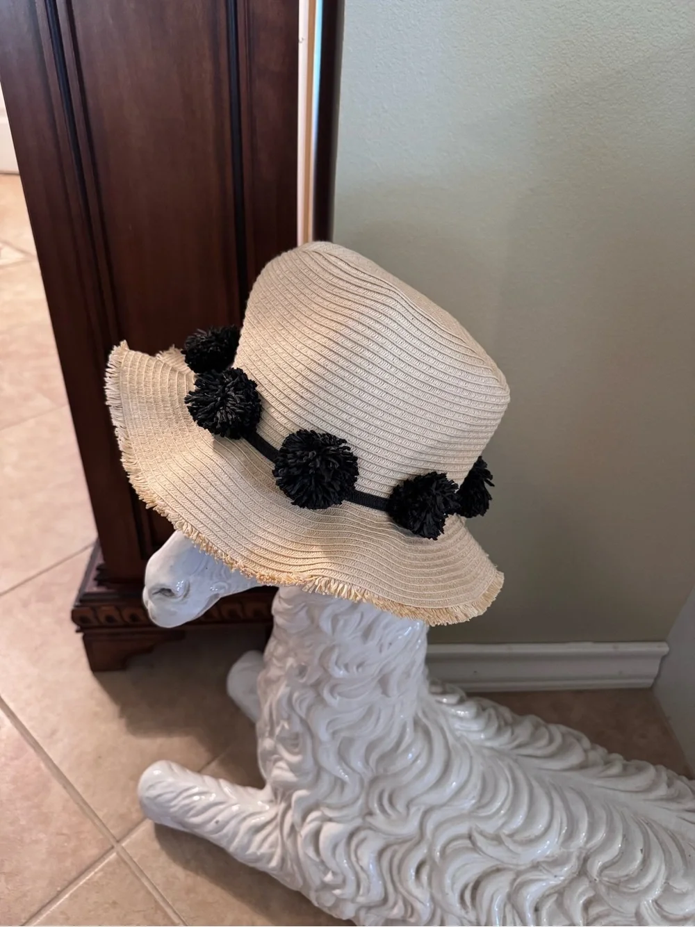 Ava & Aiden Beige Straw Sun Hat with Black Pom Accents